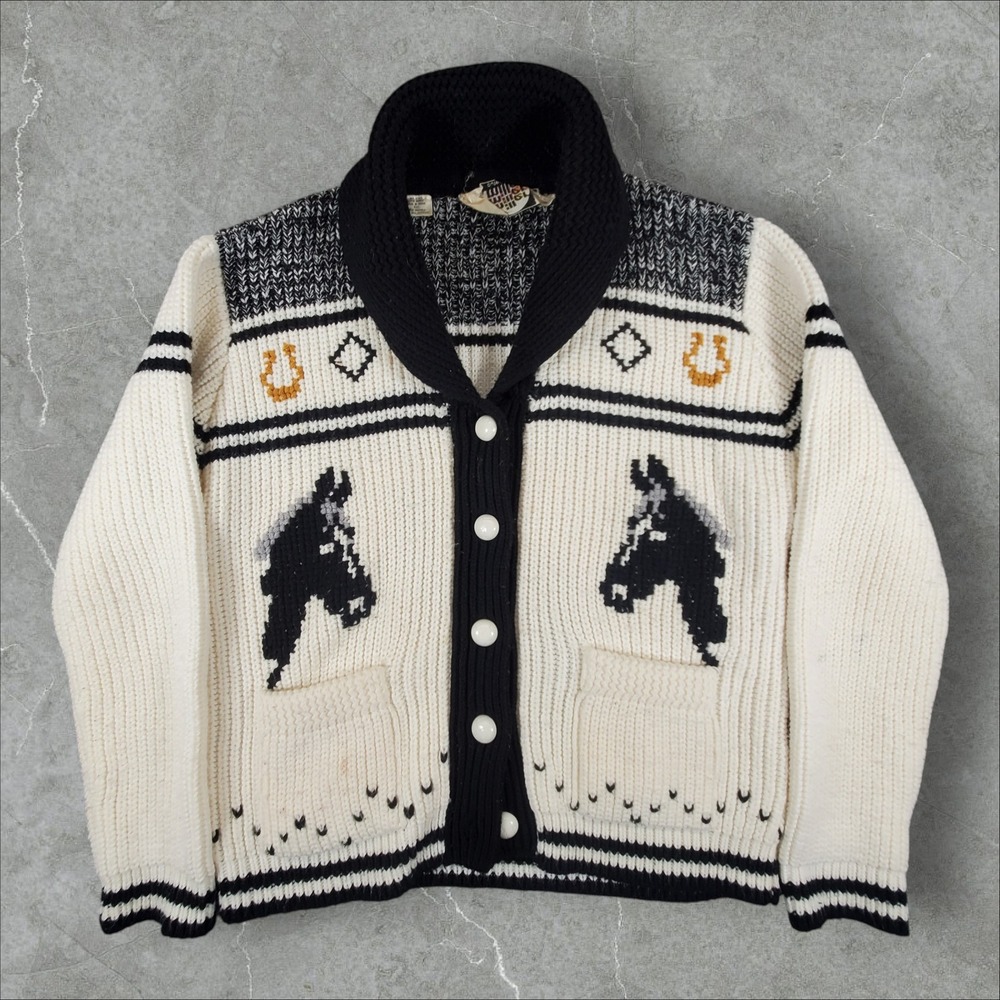 Miller Cardigan Mens Large Cream Western Horse Shawl Collar Cowichan 70s Vintage